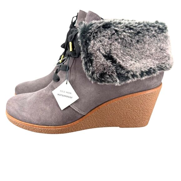 Cole Haan Wedge Bootie Women’s 8.5 Coralie Gray Waterproof Faux Fur Grand OS NEW - Picture 8 of 11